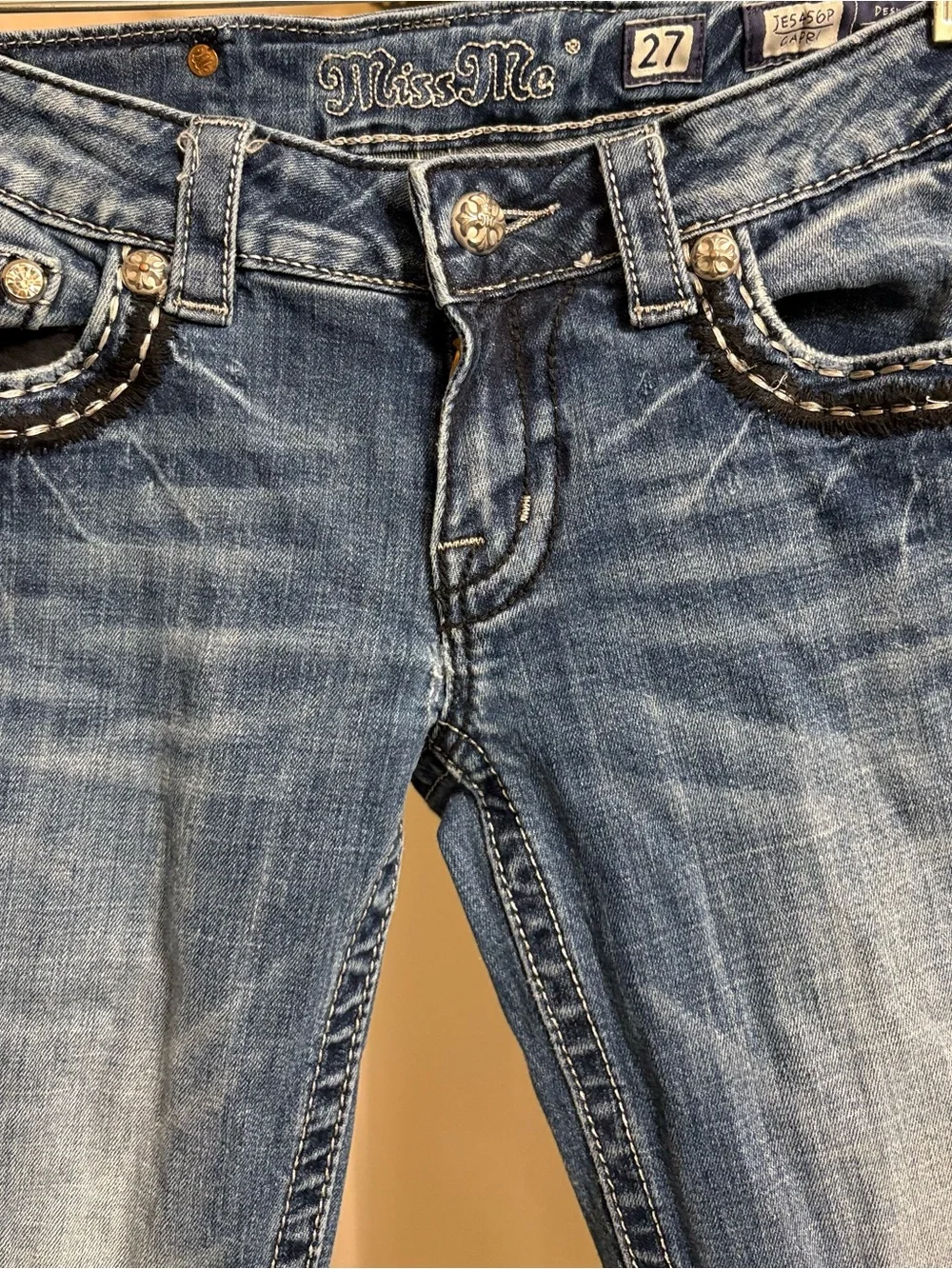Miss Me Blue Straight Leg Jeans with Sequin Pocket Accents